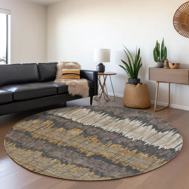 8' Brown And Taupe Round Striped Washable Indoor Outdoor Area Rug