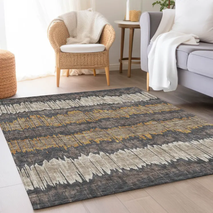 10' X 14' Brown And Taupe Striped Washable Indoor Outdoor Area Rug