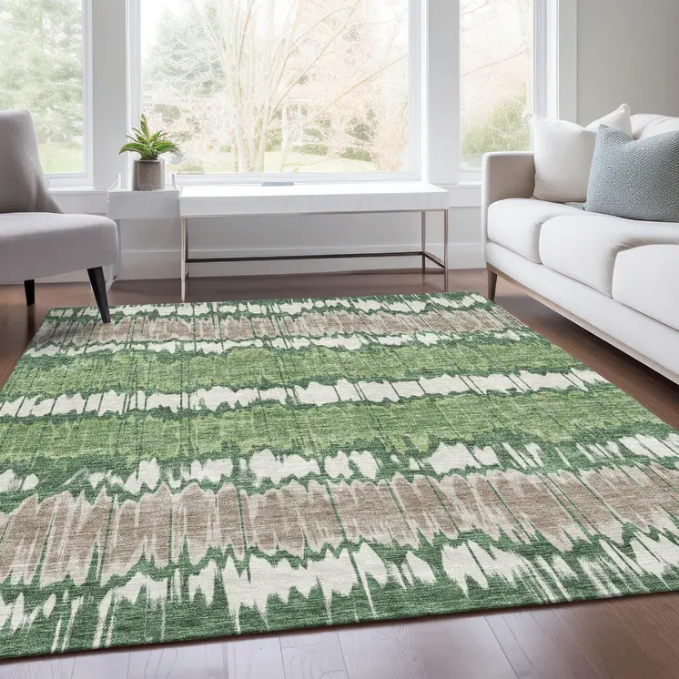 3' X 5' Green Ivory And Taupe Striped Washable Indoor Outdoor Area Rug