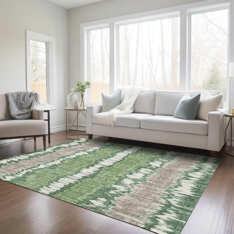 5' X 8' Green Ivory And Taupe Striped Washable Indoor Outdoor Area Rug