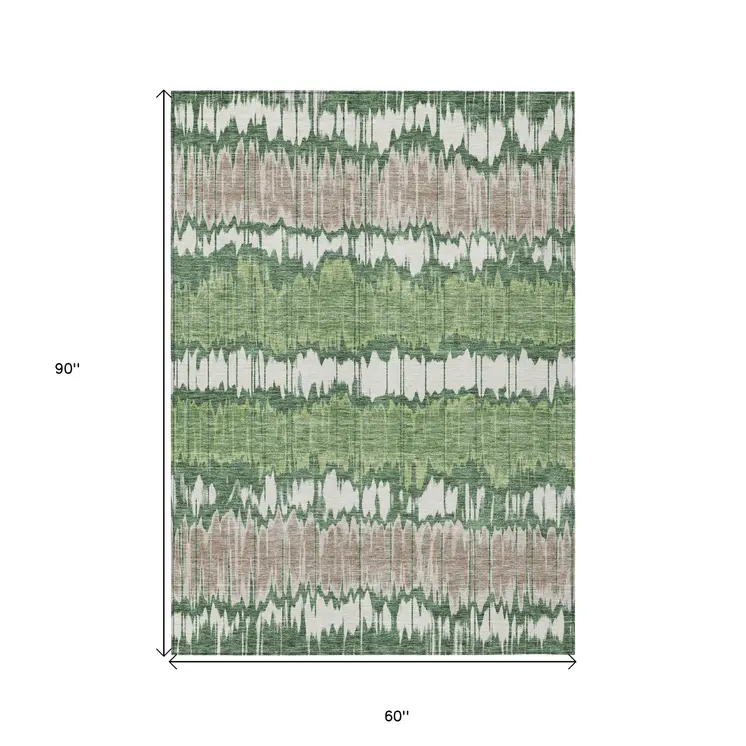 5' X 8' Green Ivory And Taupe Striped Washable Indoor Outdoor Area Rug