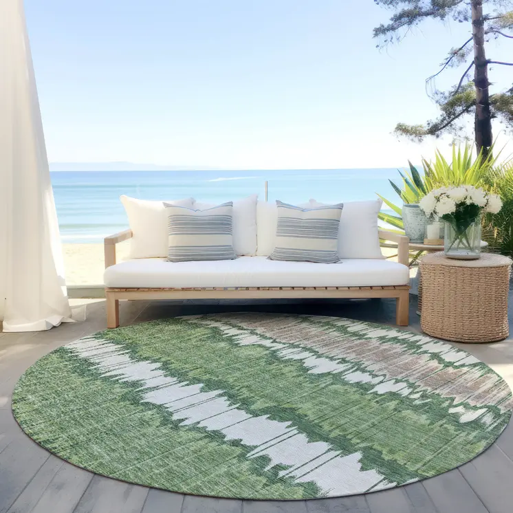 8' Green Ivory And Taupe Round Striped Washable Indoor Outdoor Area Rug