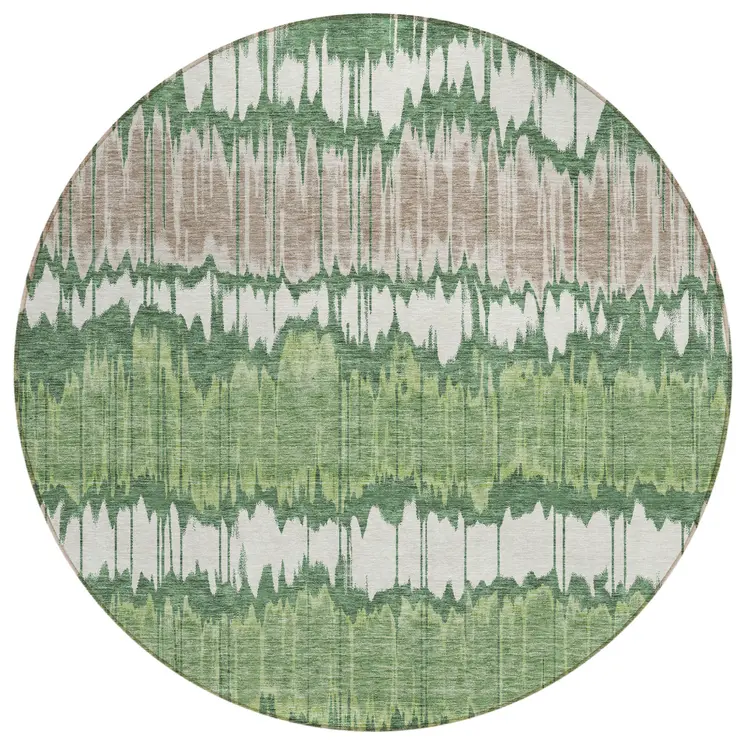 8' Green Ivory And Taupe Round Striped Washable Indoor Outdoor Area Rug