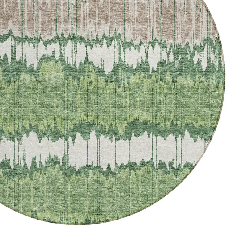 8' Green Ivory And Taupe Round Striped Washable Indoor Outdoor Area Rug