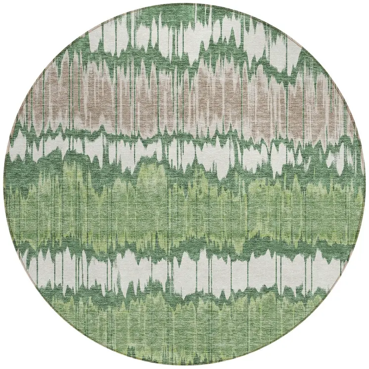8' Green Ivory And Taupe Round Striped Washable Indoor Outdoor Area Rug