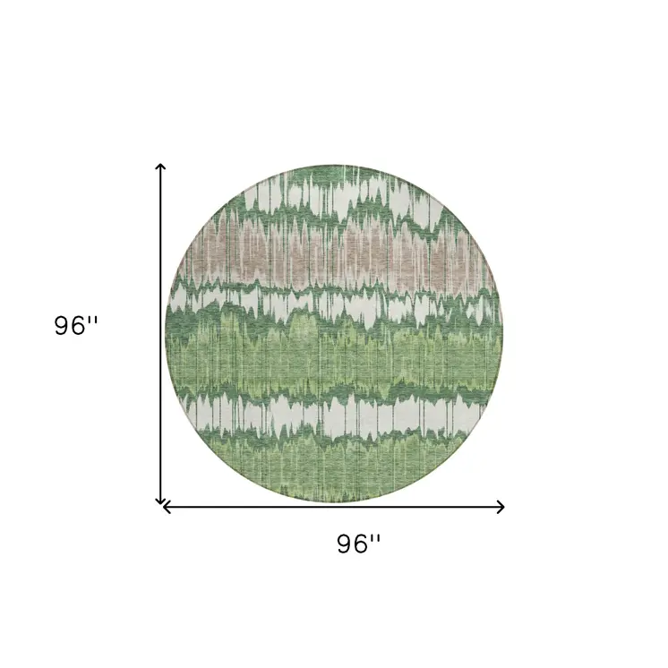 8' Green Ivory And Taupe Round Striped Washable Indoor Outdoor Area Rug