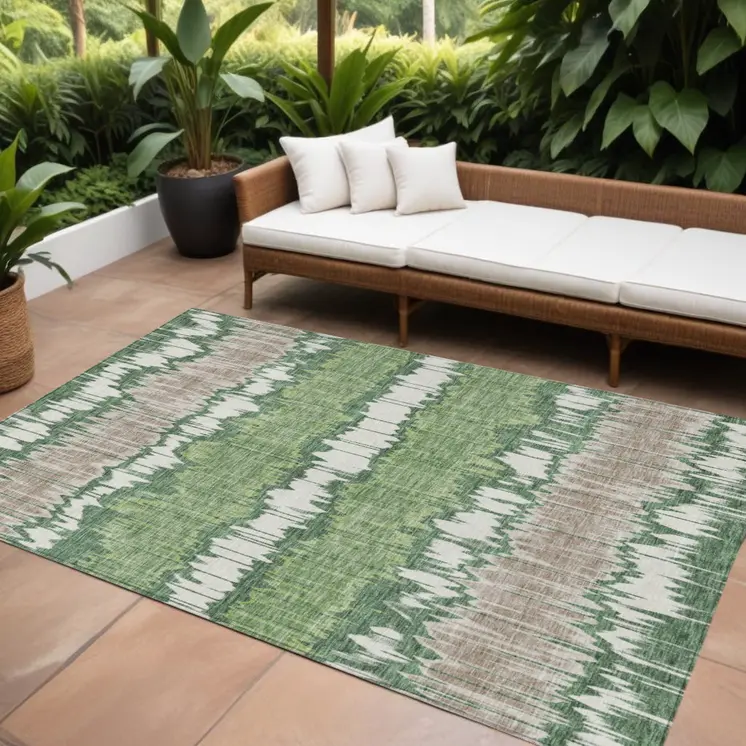 8' X 10' Green Ivory And Taupe Striped Washable Indoor Outdoor Area Rug
