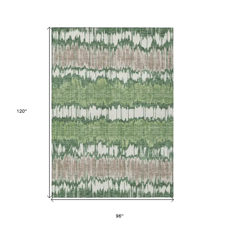 8' X 10' Green Ivory And Taupe Striped Washable Indoor Outdoor Area Rug