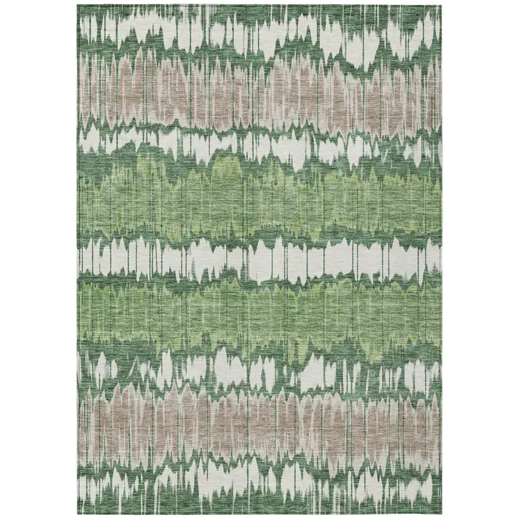 9' X 12' Green Ivory And Taupe Striped Washable Indoor Outdoor Area Rug
