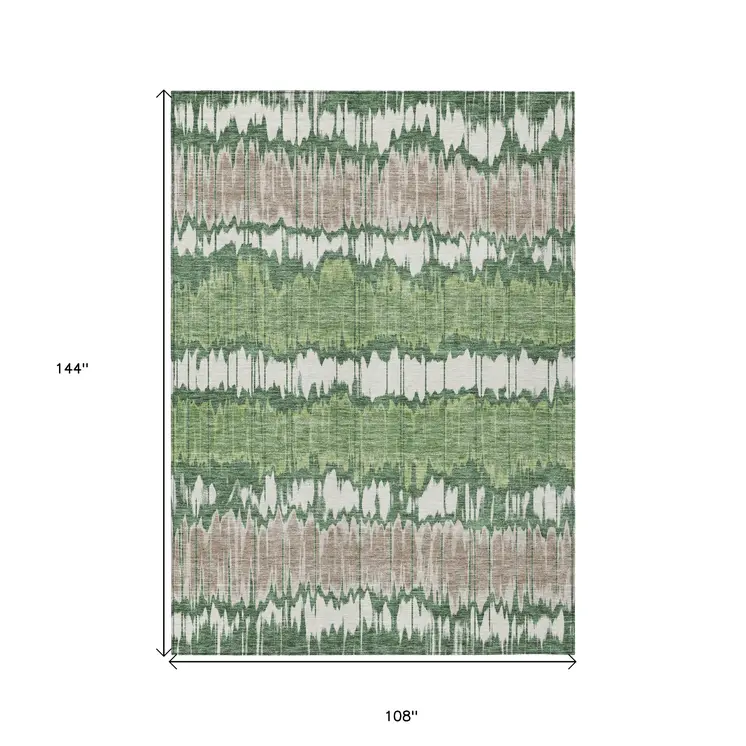 9' X 12' Green Ivory And Taupe Striped Washable Indoor Outdoor Area Rug