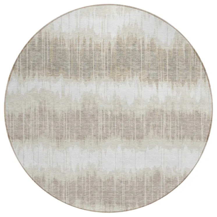 8' Ivory Beige And Taupe Round Striped Washable Indoor Outdoor Area Rug