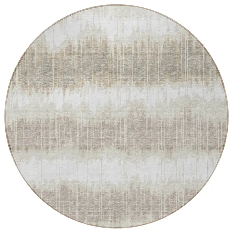 8' Ivory Beige And Taupe Round Striped Washable Indoor Outdoor Area Rug