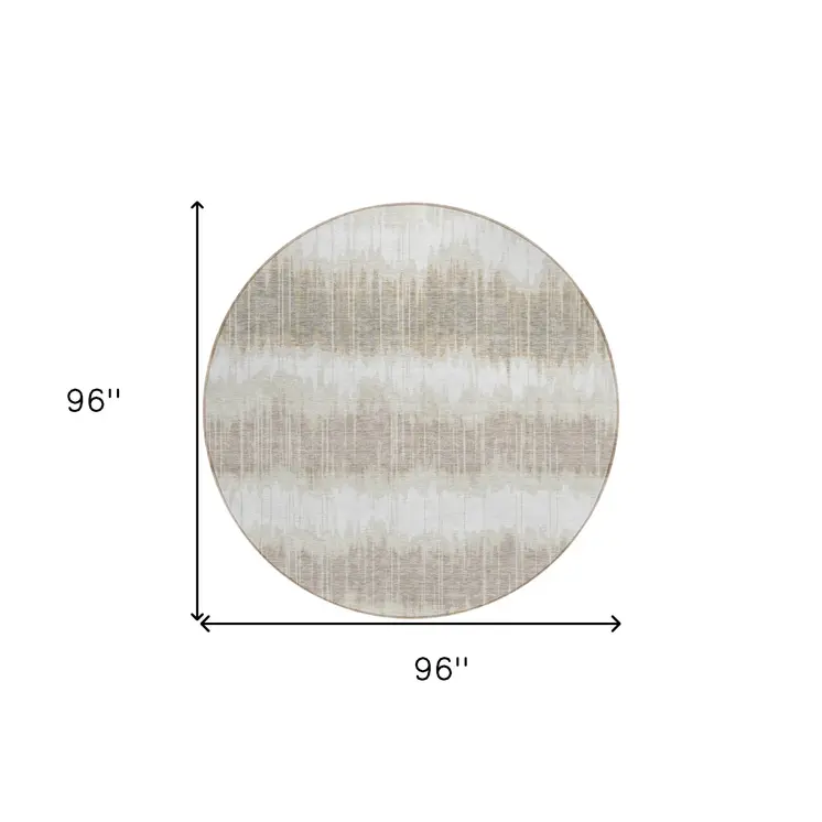 8' Ivory Beige And Taupe Round Striped Washable Indoor Outdoor Area Rug