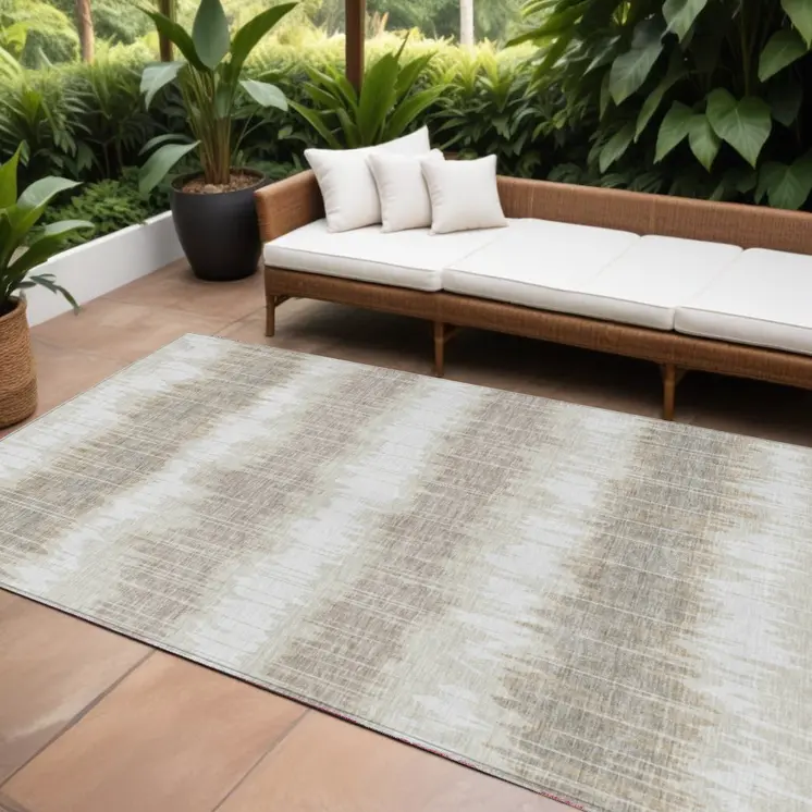 8' X 10' Ivory Beige And Taupe Striped Washable Indoor Outdoor Area Rug