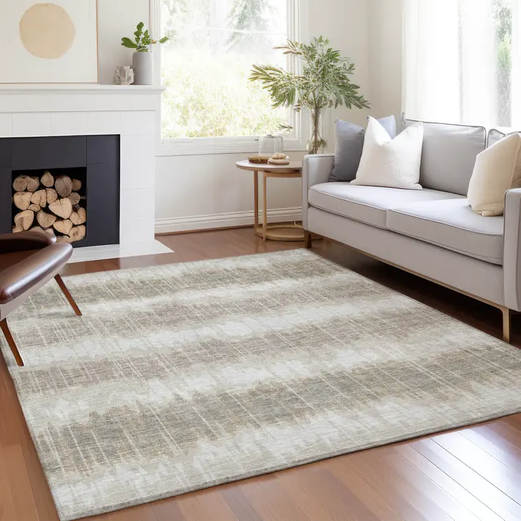 8' X 10' Ivory Beige And Taupe Striped Washable Indoor Outdoor Area Rug