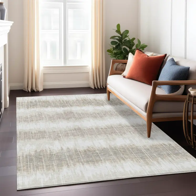 8' X 10' Ivory Beige And Taupe Striped Washable Indoor Outdoor Area Rug