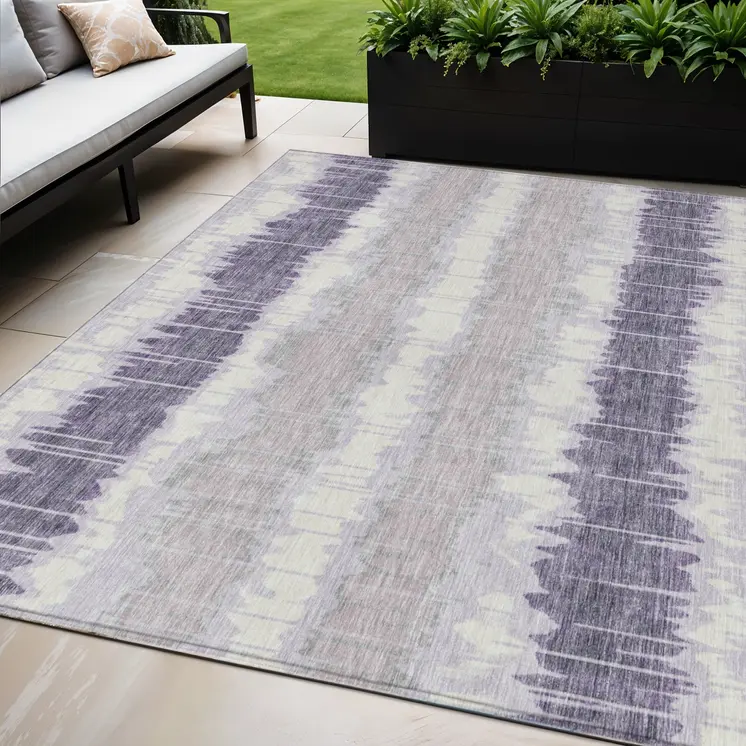 5' X 8' Lavender Purple And Ivory Striped Washable Indoor Outdoor Area Rug