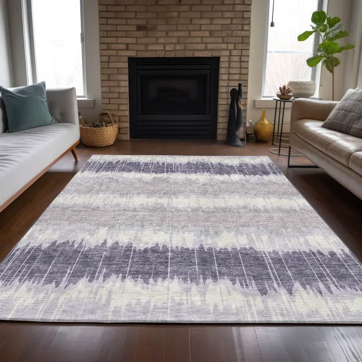 5' X 8' Lavender Purple And Ivory Striped Washable Indoor Outdoor Area Rug