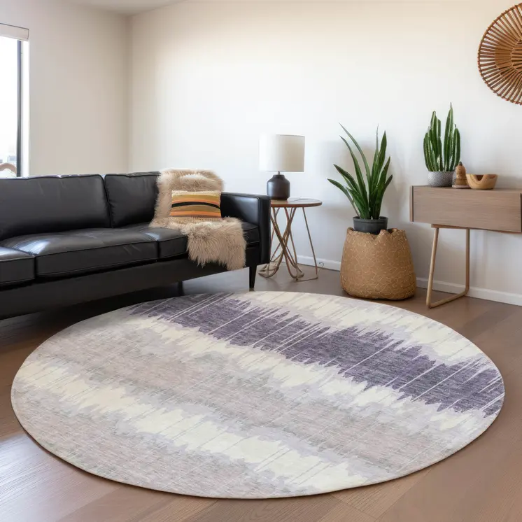 8' Lavender Purple And Ivory Round Striped Washable Indoor Outdoor Area Rug