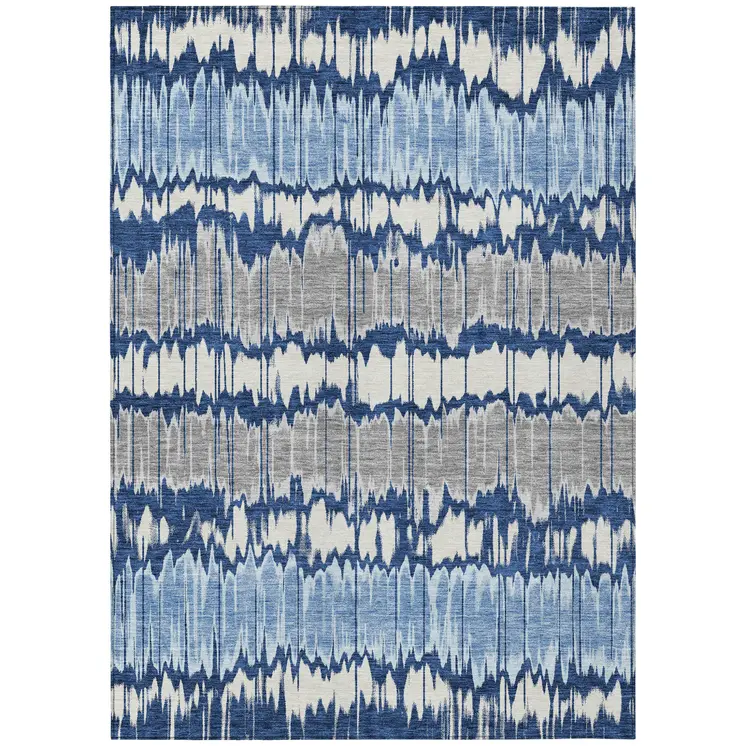 5' X 8' Navy Blue Ivory And Denim Blue Striped Washable Indoor Outdoor Area Rug
