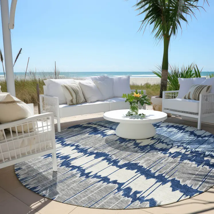 8' Navy Blue Ivory And Denim Blue Round Striped Washable Indoor Outdoor Area Rug