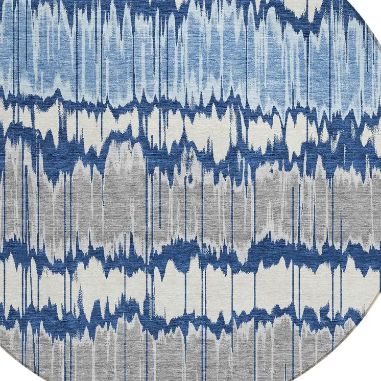 8' Navy Blue Ivory And Denim Blue Round Striped Washable Indoor Outdoor Area Rug