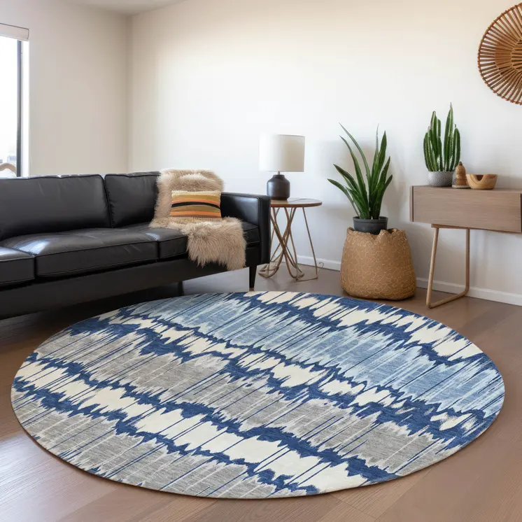 8' Navy Blue Ivory And Denim Blue Round Striped Washable Indoor Outdoor Area Rug