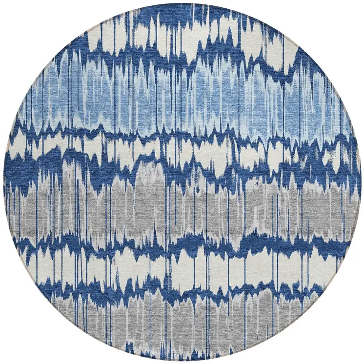 8' Navy Blue Ivory And Denim Blue Round Striped Washable Indoor Outdoor Area Rug
