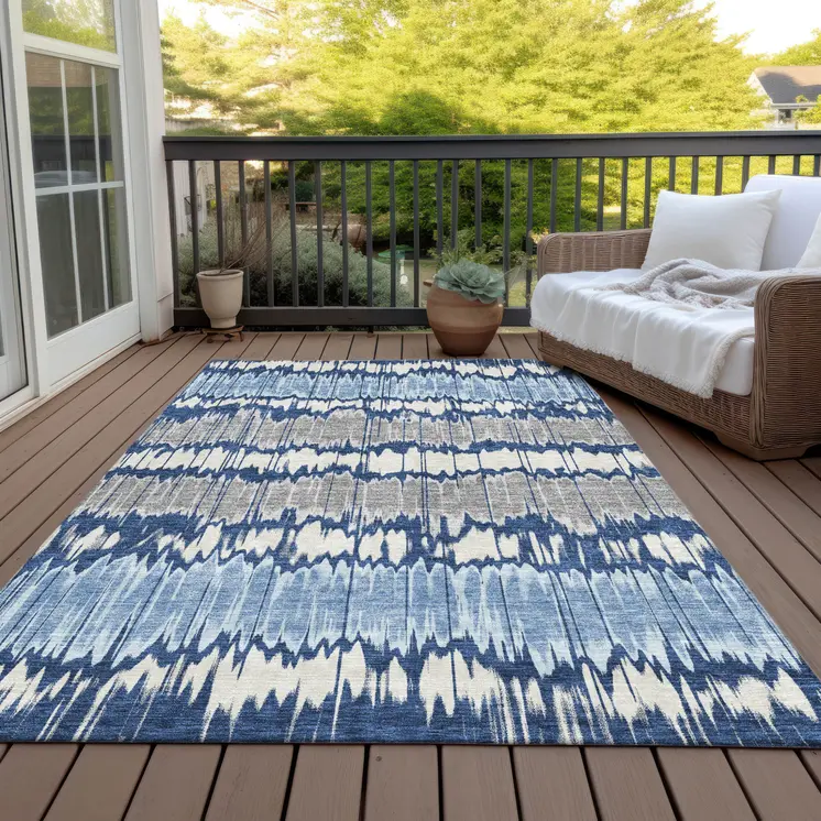 8' X 10' Navy Blue Ivory And Denim Blue Striped Washable Indoor Outdoor Area Rug