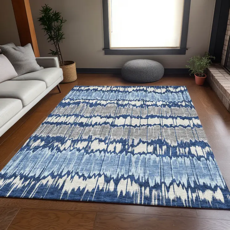 8' X 10' Navy Blue Ivory And Denim Blue Striped Washable Indoor Outdoor Area Rug