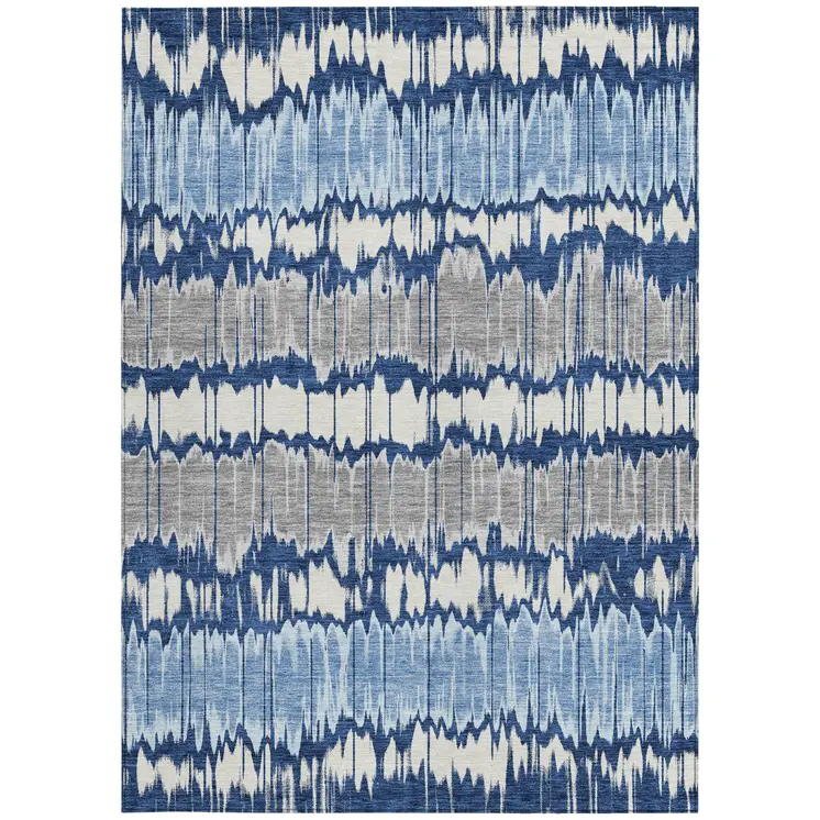 9' X 12' Navy Blue Ivory And Denim Blue Striped Washable Indoor Outdoor Area Rug