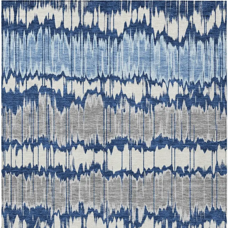 9' X 12' Navy Blue Ivory And Denim Blue Striped Washable Indoor Outdoor Area Rug