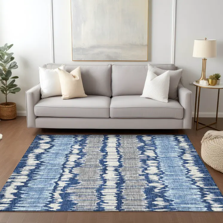 9' X 12' Navy Blue Ivory And Denim Blue Striped Washable Indoor Outdoor Area Rug
