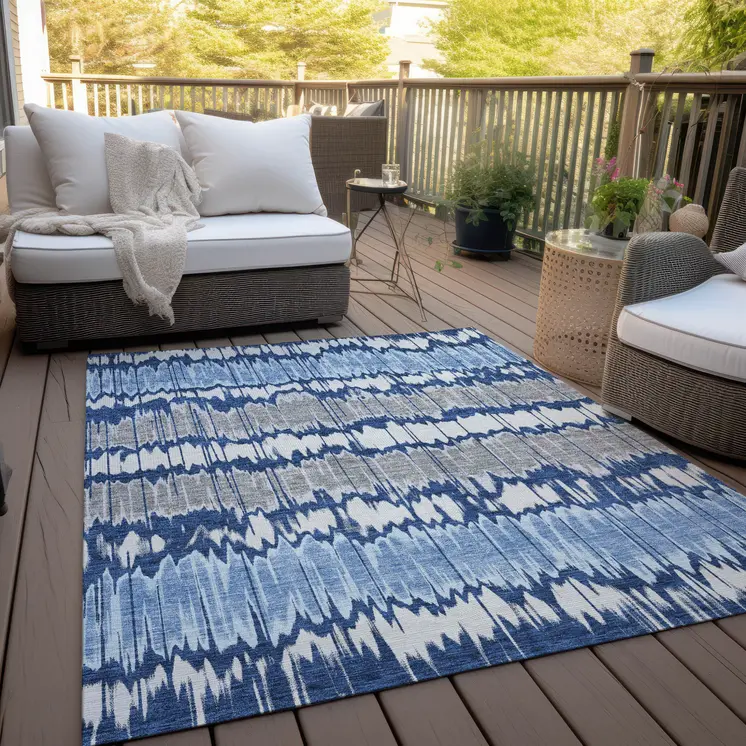 10' X 14' Navy Blue Ivory And Denim Blue Striped Washable Indoor Outdoor Area Rug