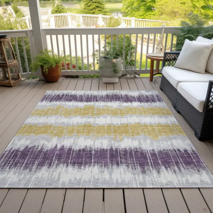 5' X 8' Silver Ivory And Purple Striped Washable Indoor Outdoor Area Rug