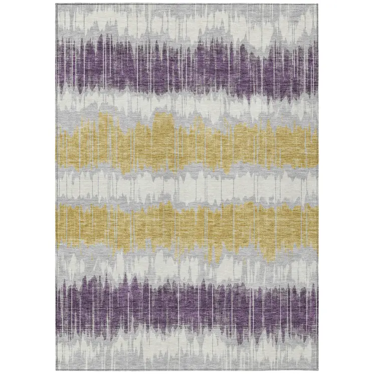 5' X 8' Silver Ivory And Purple Striped Washable Indoor Outdoor Area Rug