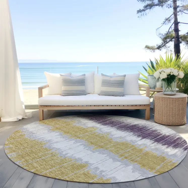 8' Silver Ivory And Purple Round Striped Washable Indoor Outdoor Area Rug