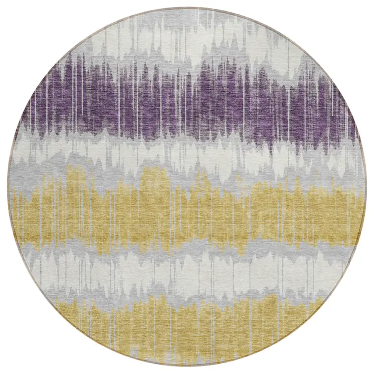8' Silver Ivory And Purple Round Striped Washable Indoor Outdoor Area Rug