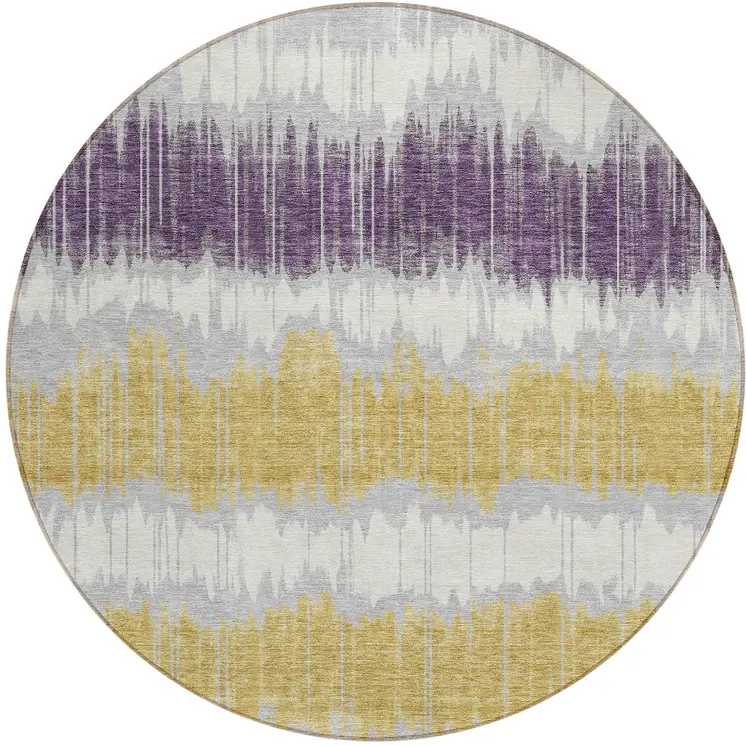 8' Silver Ivory And Purple Round Striped Washable Indoor Outdoor Area Rug