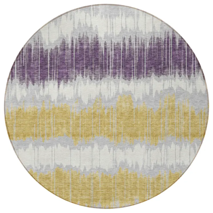 8' Silver Ivory And Purple Round Striped Washable Indoor Outdoor Area Rug