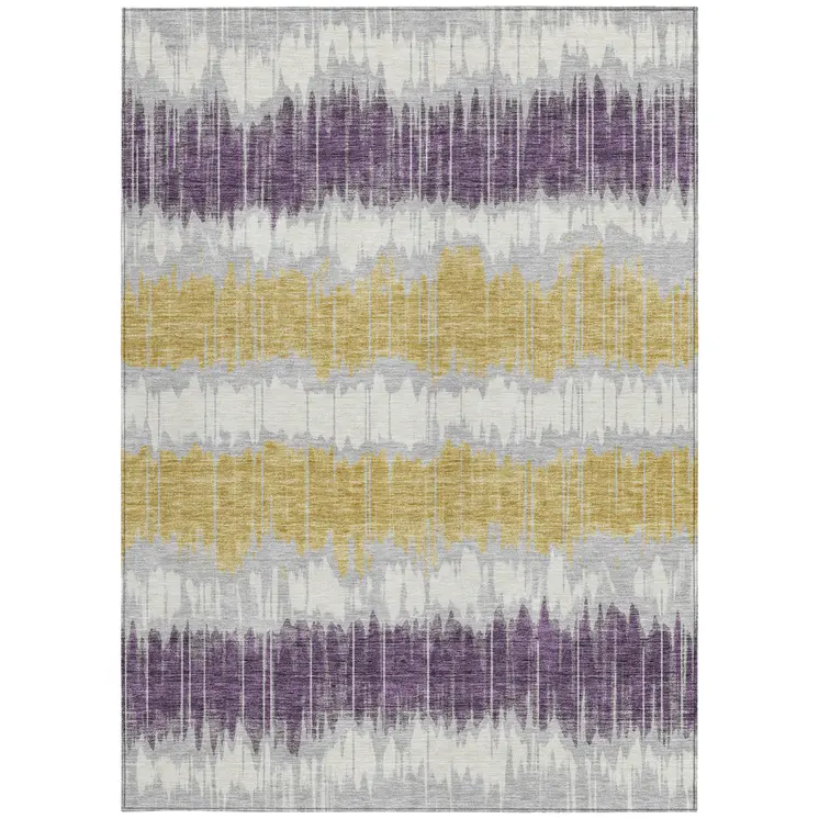 8' X 10' Silver Ivory And Purple Striped Washable Indoor Outdoor Area Rug