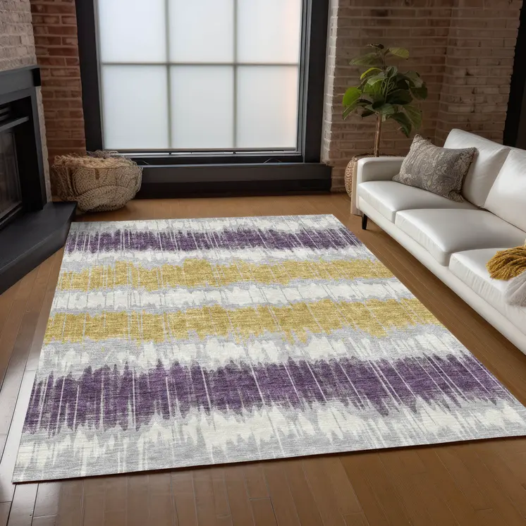 9' X 12' Silver Ivory And Purple Striped Washable Indoor Outdoor Area Rug