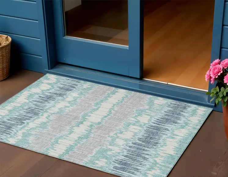 3' X 5' Teal Blue Aqua And Silver Striped Washable Indoor Outdoor Area Rug