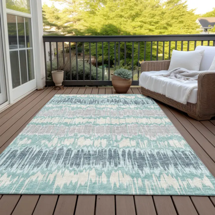 3' X 5' Teal Blue Aqua And Silver Striped Washable Indoor Outdoor Area Rug