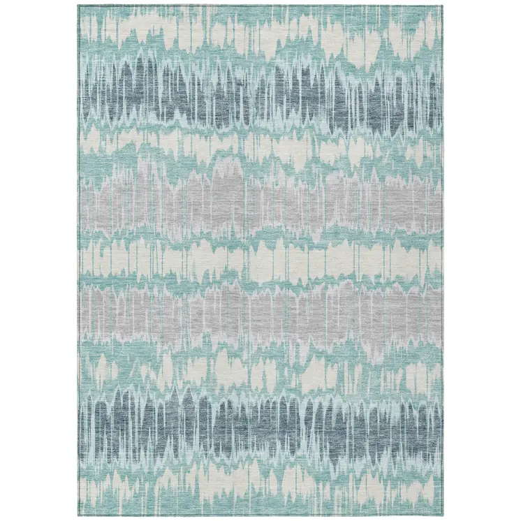 3' X 5' Teal Blue Aqua And Silver Striped Washable Indoor Outdoor Area Rug