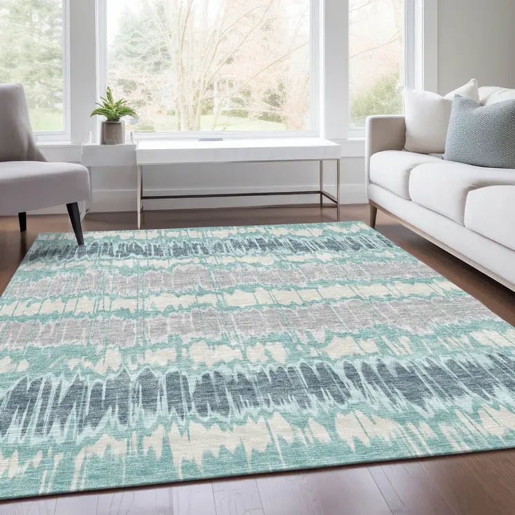 3' X 5' Teal Blue Aqua And Silver Striped Washable Indoor Outdoor Area Rug