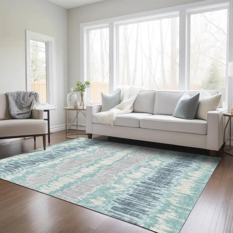 3' X 5' Teal Blue Aqua And Silver Striped Washable Indoor Outdoor Area Rug