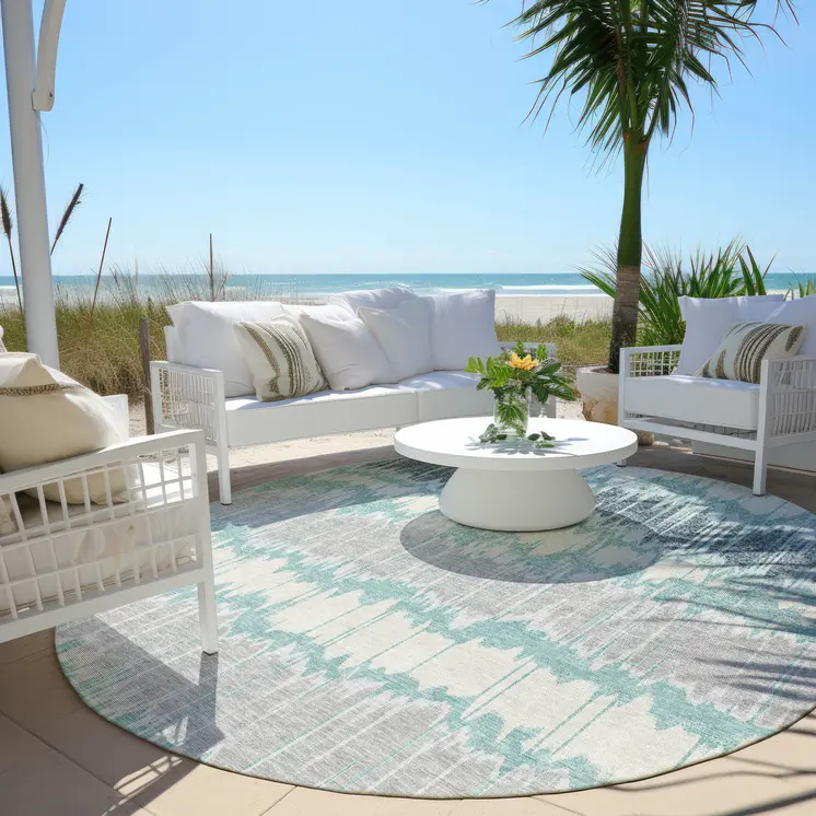 8' Teal Blue Aqua And Silver Round Striped Washable Indoor Outdoor Area Rug