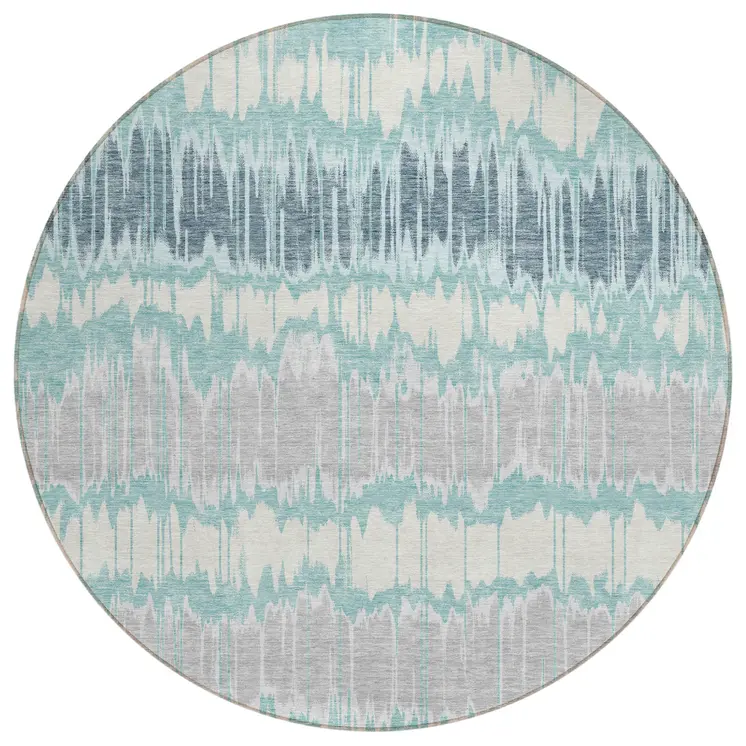 8' Teal Blue Aqua And Silver Round Striped Washable Indoor Outdoor Area Rug