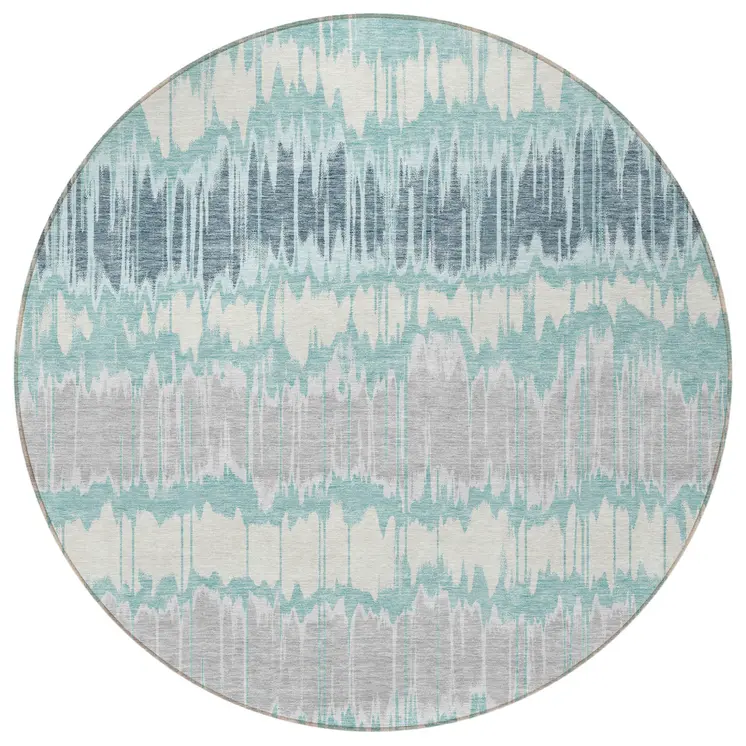 8' Teal Blue Aqua And Silver Round Striped Washable Indoor Outdoor Area Rug